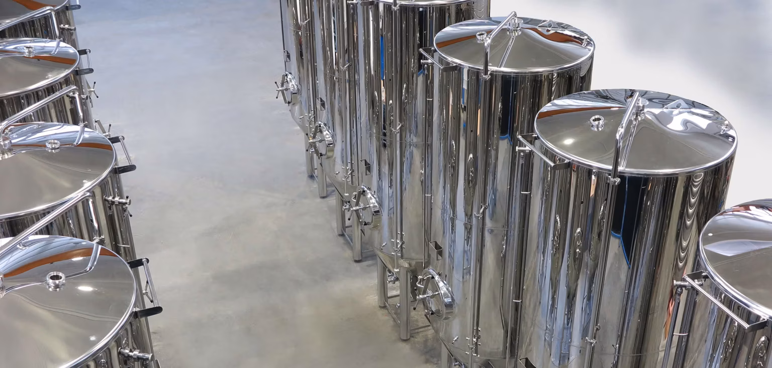 stainless steel products - image of conical bottom fermentation tanks in rows